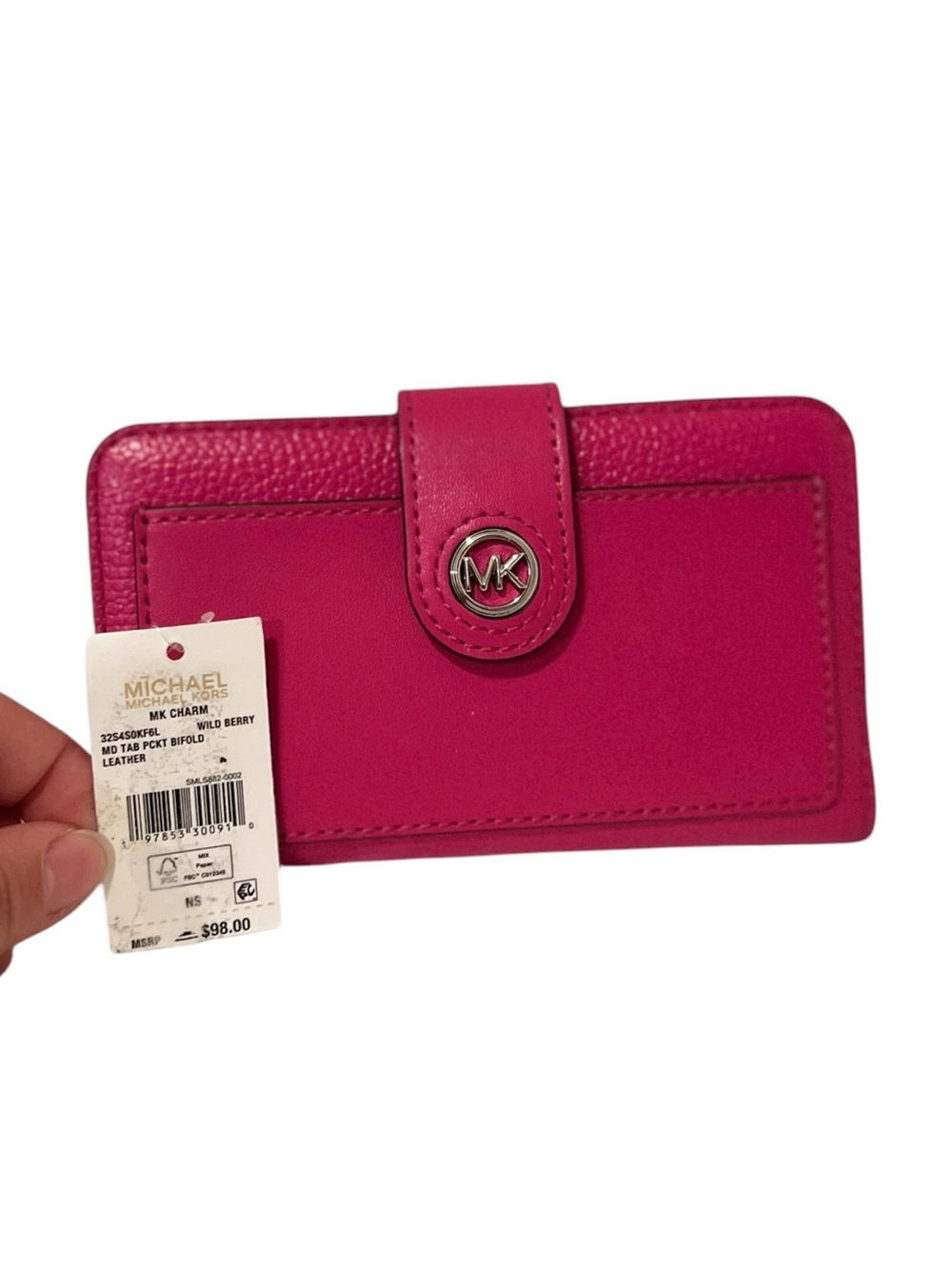 NWT Michael Kors Charm Medium Tab Pocket Bifold Leather Wallet (Wild Berry) - Picture 3 of 7